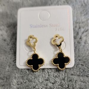 Gold & Black Clover Drop Earrings - Women Jewelry